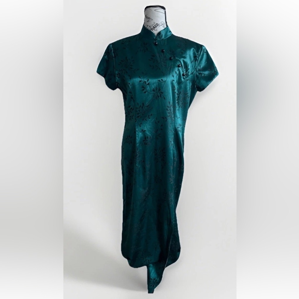 Vintage 90s Y2K Dawn Joy Fashion green floral Chinese cheongsam maxi dress 11/12